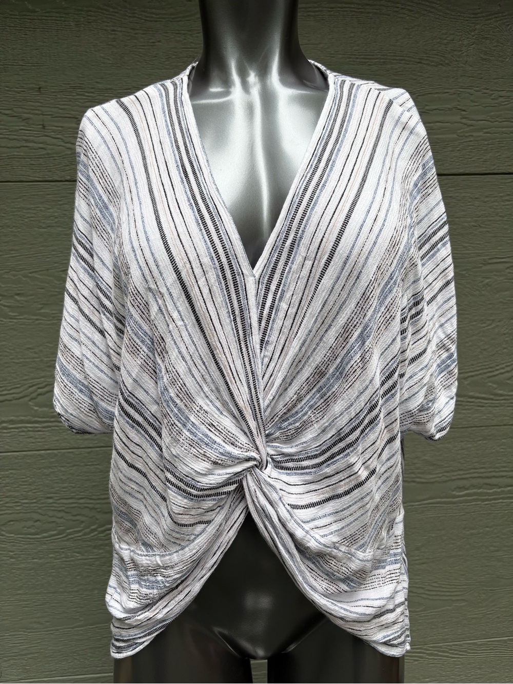 Karen Kane White and Blue Striped Twist-Front Top